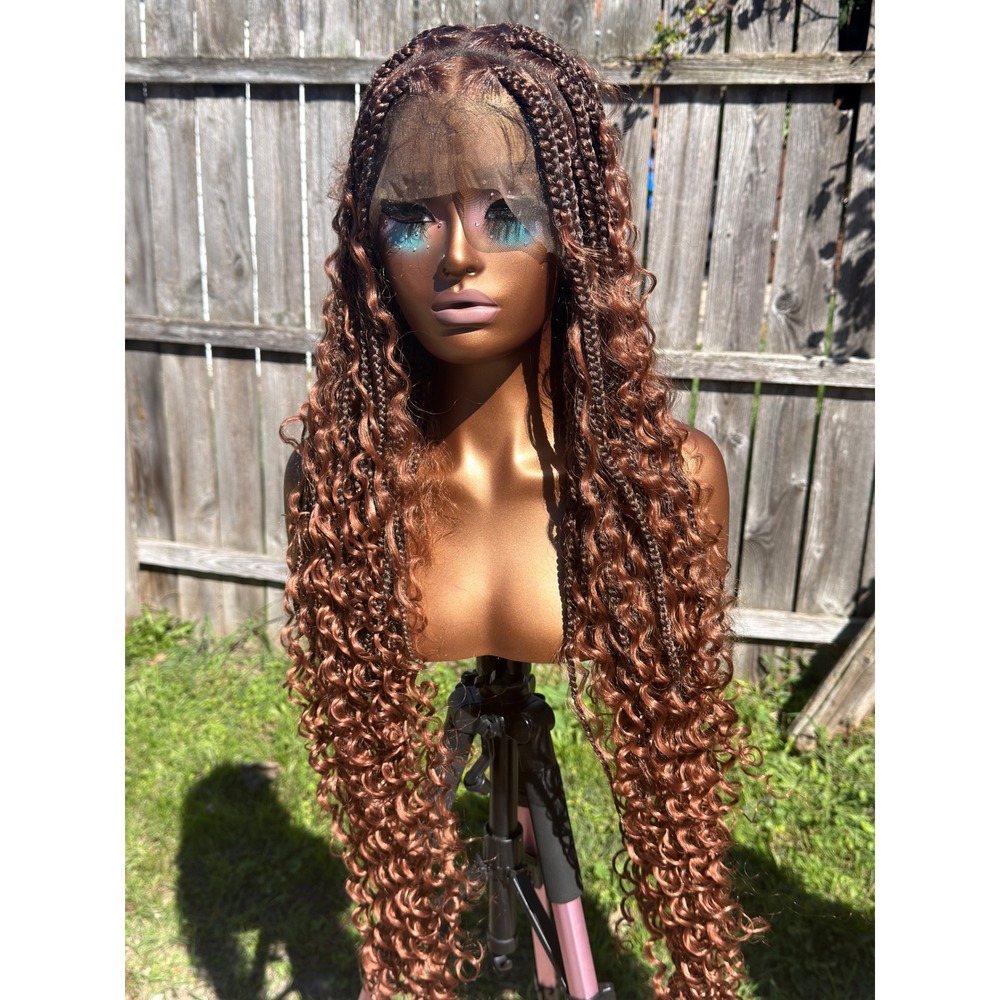 36" Boho Braided Chocolate Brown Full Lace Synthetic Baby Hair Knotless Wig